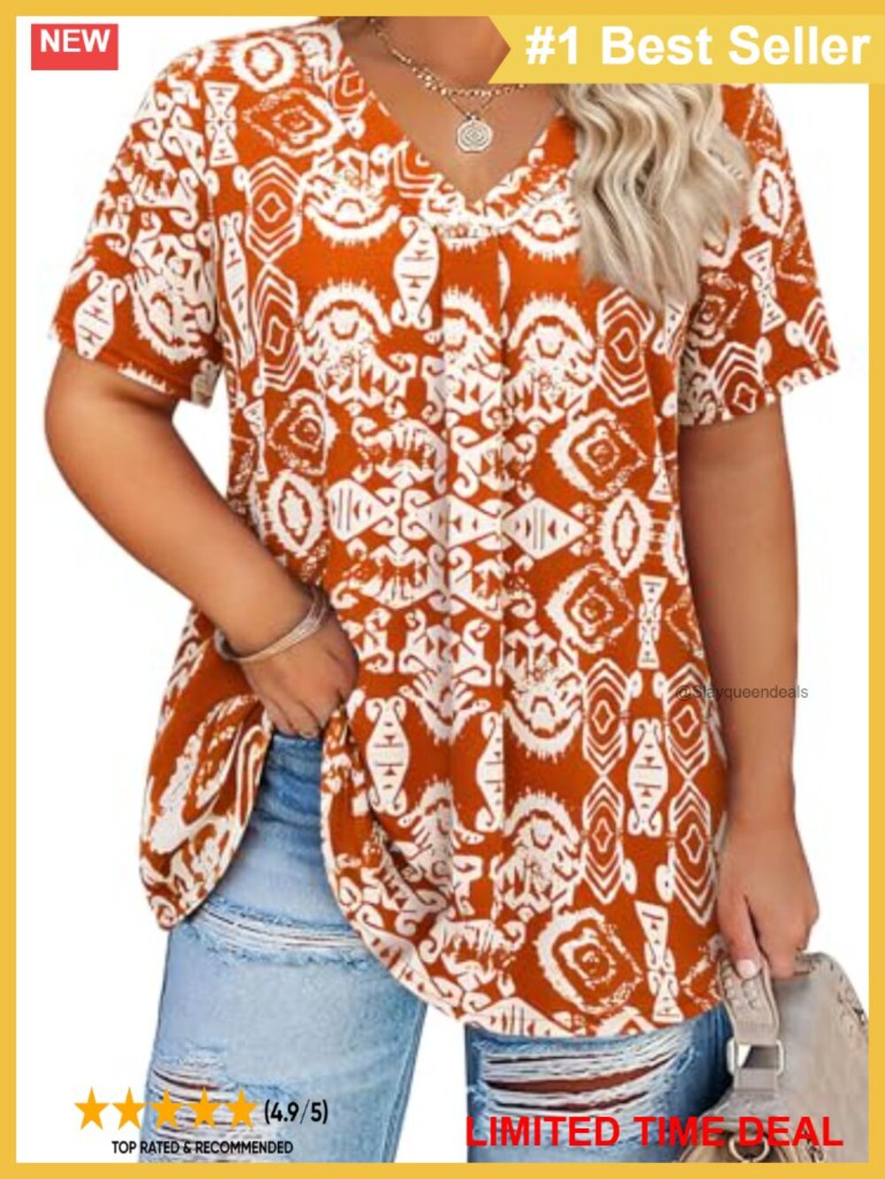 Plus Size Pleated V Neck Short Sleeve Tunic Blouse Curved Hem